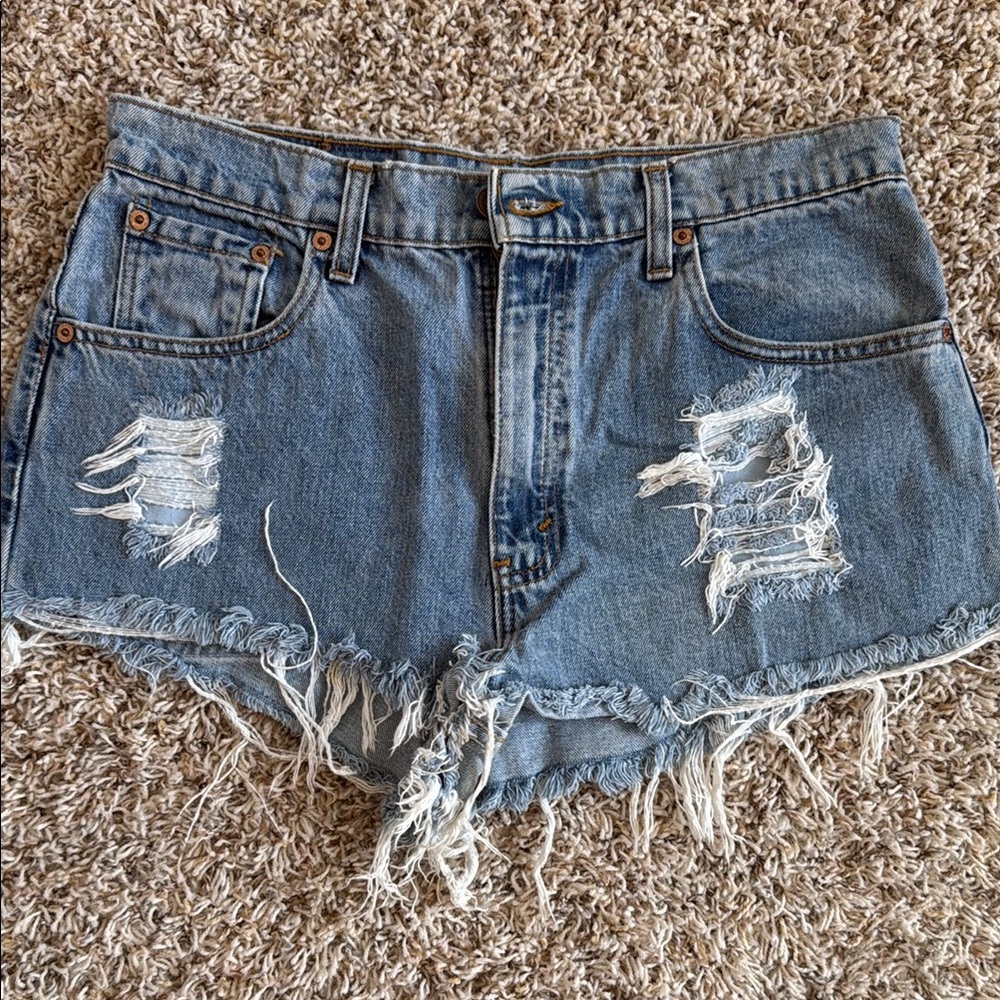 Levi's Blue High-Waisted Jean Shorts with Distressed Hem